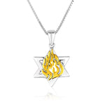 Star of David pendant, featuring a beautiful gold-plated flame at the center